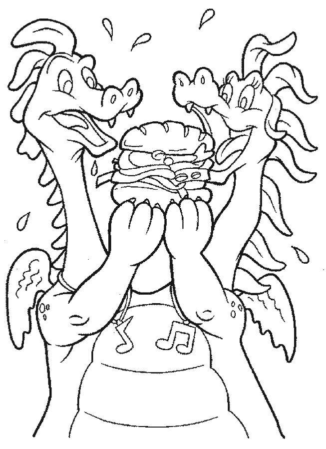 Название: Раскраска Дракон ест бургер. Категория: Сказки. Теги: сказки, драконы, дракончики.