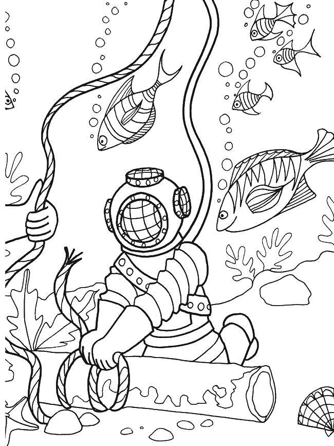 Coloring The diver in the suit. Category marine. Tags:  diver, water.