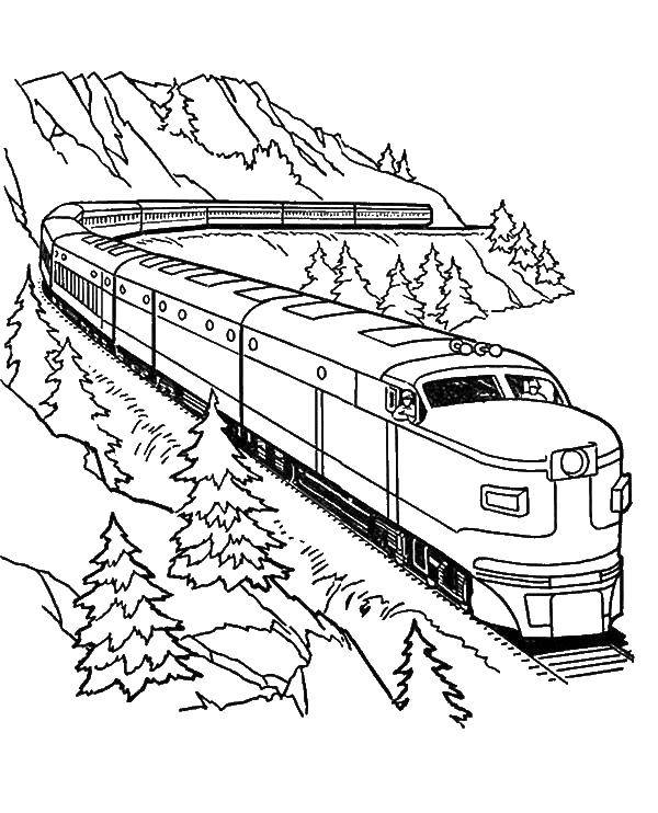 Название: Раскраска Поезд едит вдоль гор. Категория: поезд. Теги: поезд, паровоз.