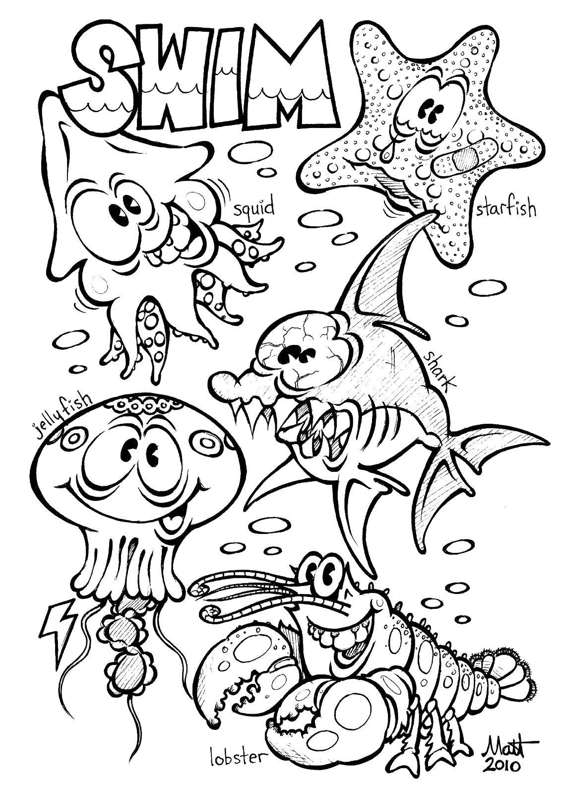 Название: Раскраска Разные морские обитатели. Категория: морское. Теги: морское, море, рыбки, животные.
