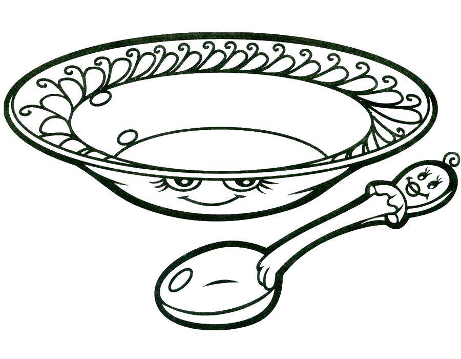 Название: Раскраска Тарелка с ложкой. Категория: посуда. Теги: посуда, тарелка.