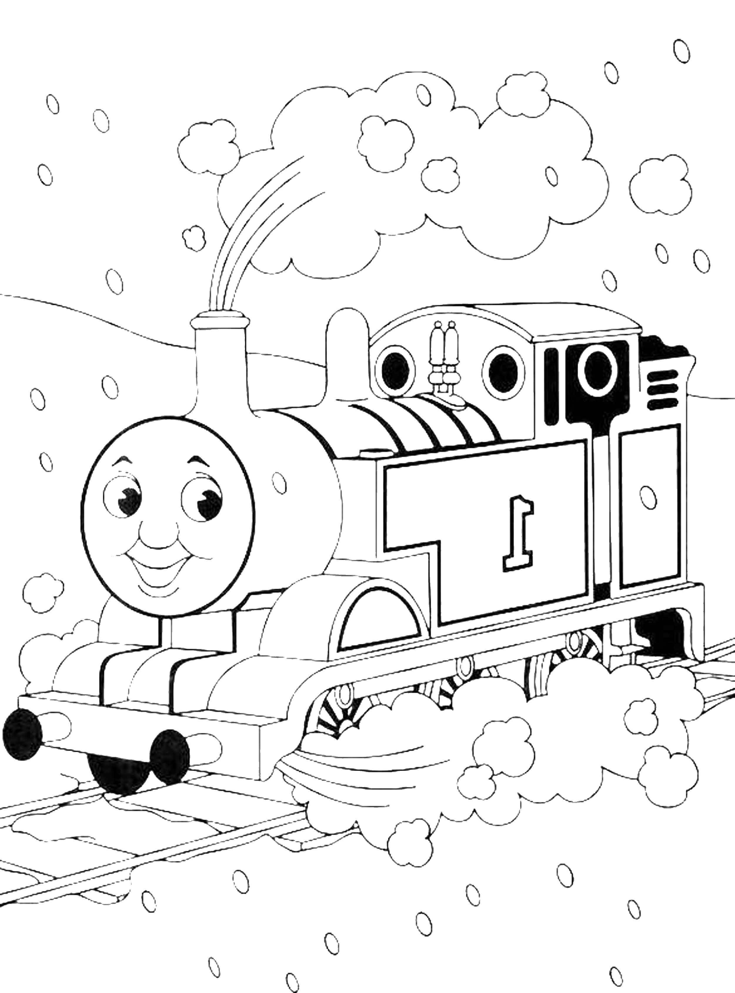Название: Раскраска Томас паровозик едит зимой. Категория: мультики. Теги: Томас, паровоз.