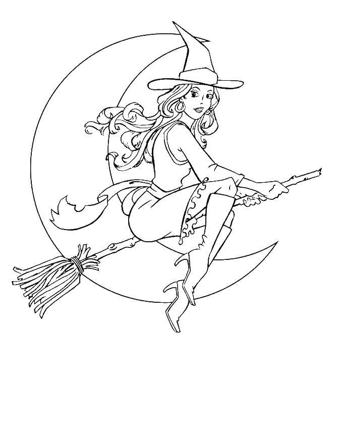 Название: Раскраска Ведьмочка с метлой на луне. Категория: Хэллоуин. Теги: ведьма, хэллоуин.