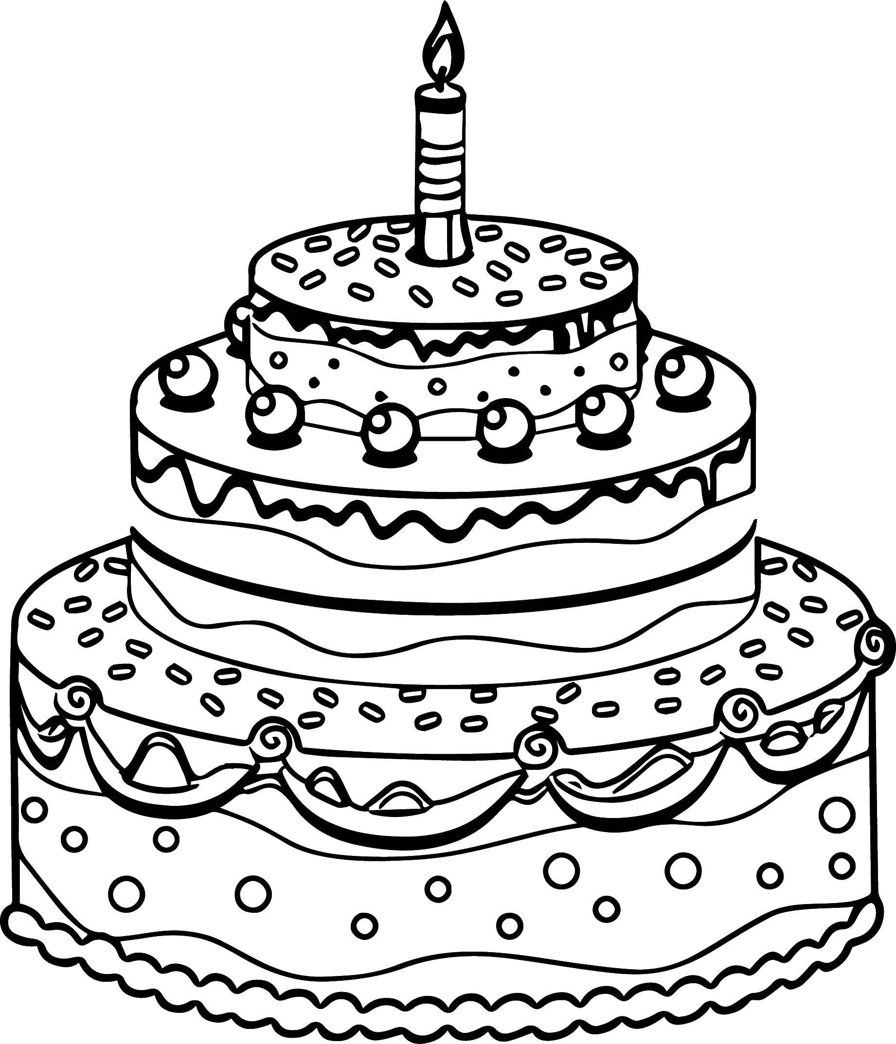 Название: Раскраска Большой торт со свечой. Категория: торты. Теги: торт, свеч, ягоды.
