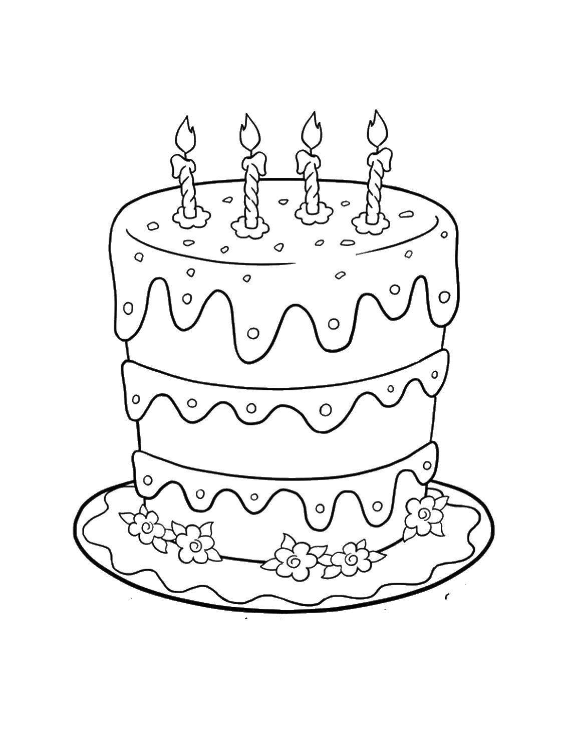 Название: Раскраска Четыре свечи и торт. Категория: торты. Теги: торт, свечи, тарелка.