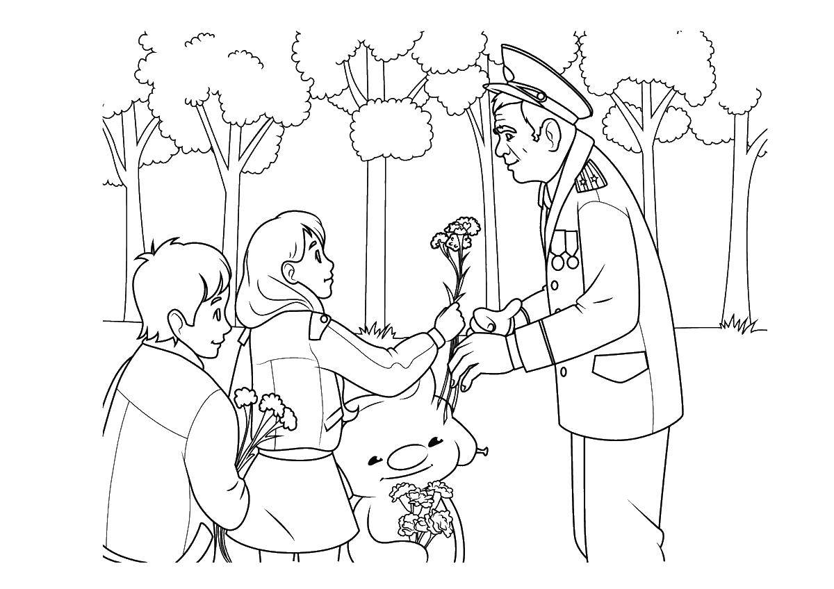 Coloring Children give flowers to veterans. Category coloring to the victory day. Tags:  victory day, may 9, the victory, veterans.
