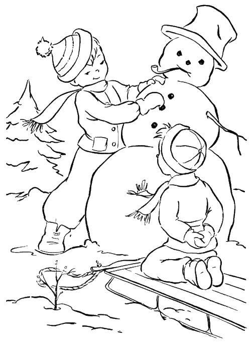 Название: Раскраска Дети лепят снеговика. Категория: зима. Теги: снеговик, санки, дети.