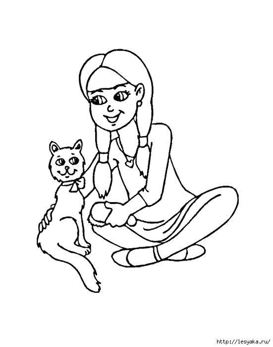 Название: Раскраска Девочка и кошка. Категория: котики. Теги: девочка, кошка, расческа.