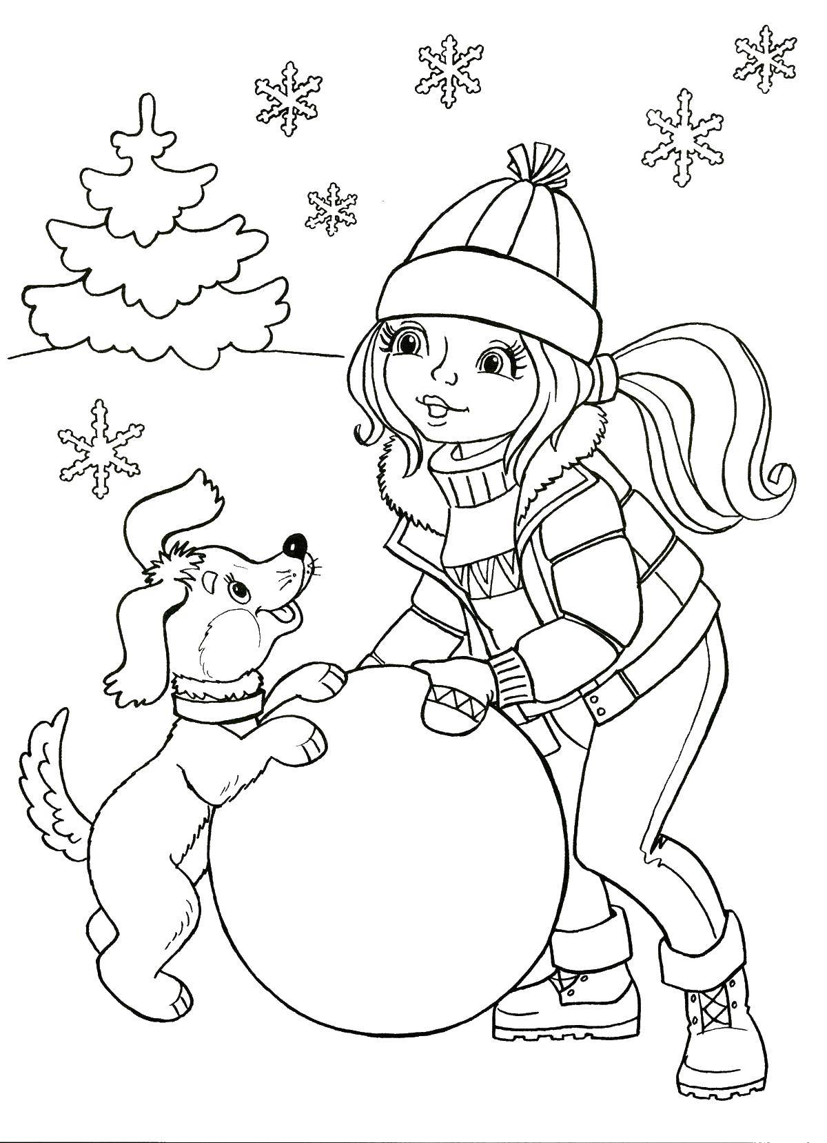 Название: Раскраска Девочка и собачка лепят снеговика. Категория: зима. Теги: зима, снег, снеговик, девочка.