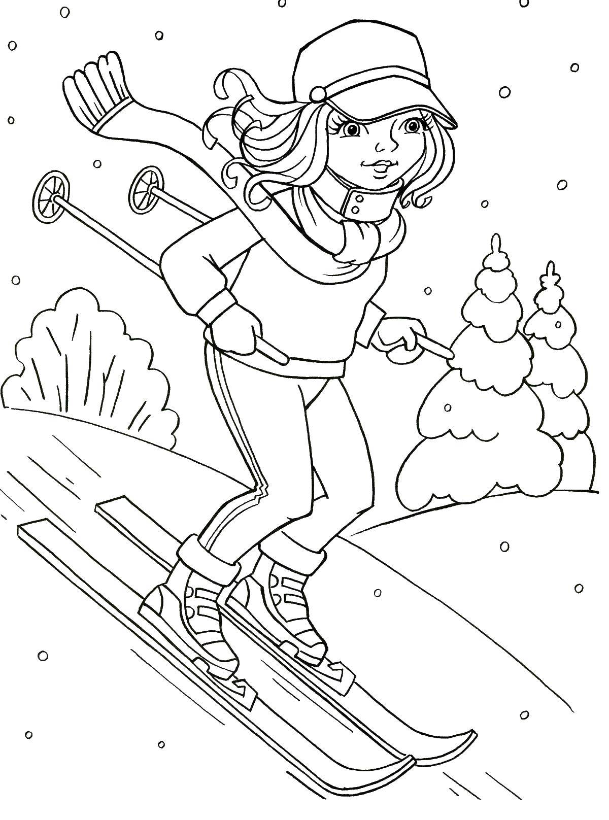 Название: Раскраска Девочка на лыжах. Категория: зима. Теги: девочка, лыжи, снег, елки.