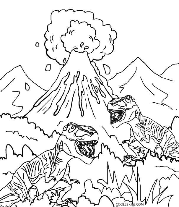 Название: Раскраска Динозавры у вулкана. Категория: парк юрского периода. Теги: парк юрского периода, динозавры, вулкан.