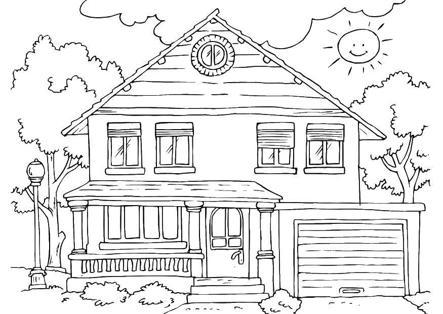 Название: Раскраска Дом и гараж. Категория: дома. Теги: дом, гараж, солнце, дерево.