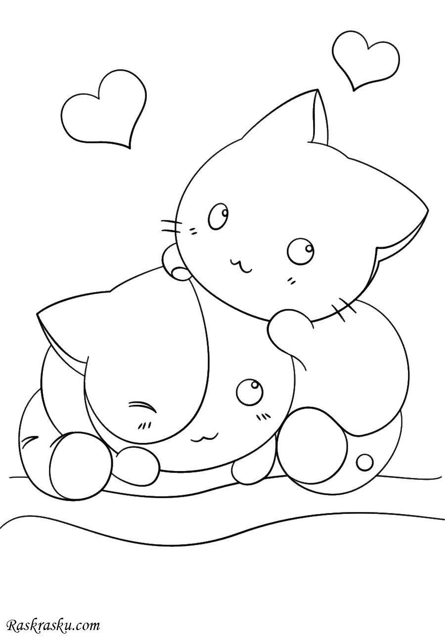 Coloring Two kittens and hearts. Category anime. Tags:  kitty, hearts.
