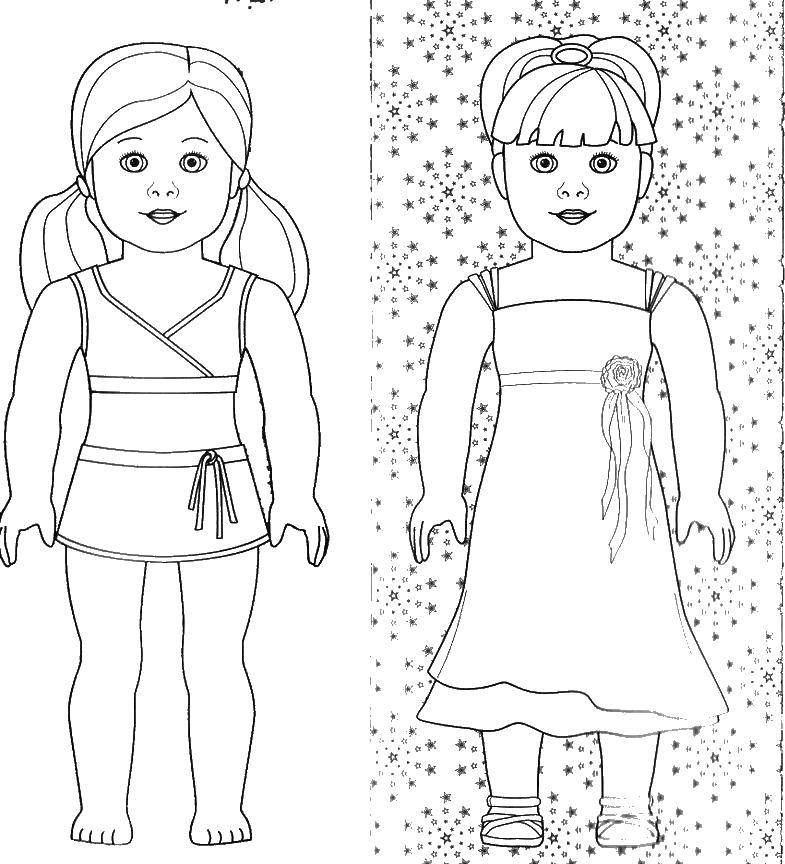 Coloring Two dolls. Category The contour of the doll . Tags:  dolls, clothes.