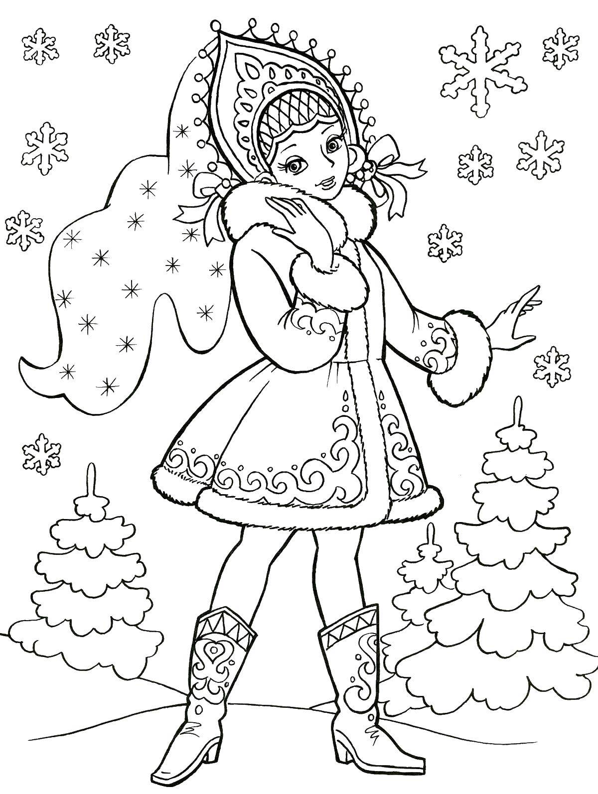 Название: Раскраска Елочки и снегурочка. Категория: сказка снегурочка. Теги: снегурочка, кокошник, елки.