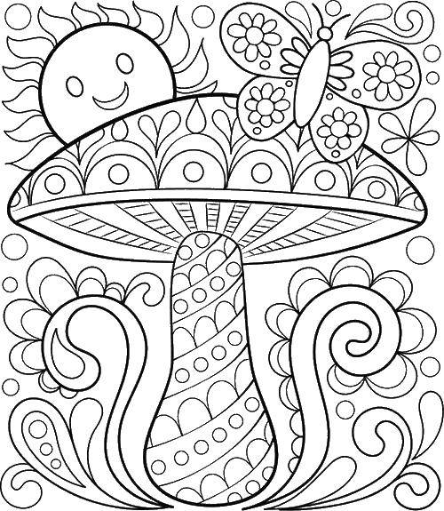 Coloring Mushroom and butterfly. Category simple coloring. Tags:  mushroom, butterfly, sun, patterns.