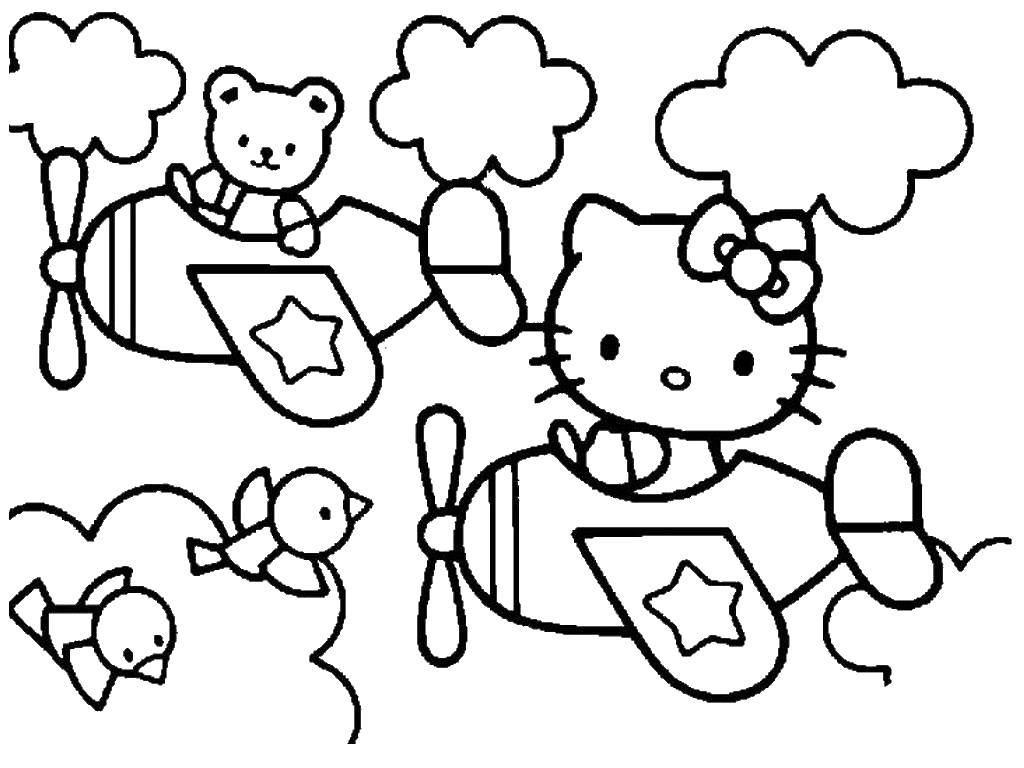Название: Раскраска Hello kitty и вертолет. Категория: Hello Kitty. Теги: Hello Kitty, вертолет, птички.