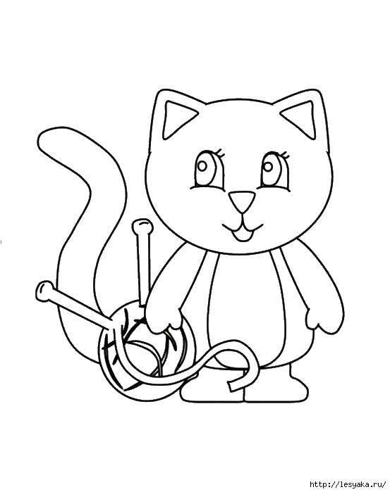 Название: Раскраска Кошка и клубок ниток. Категория: котики. Теги: кошка, нитки, спицы.