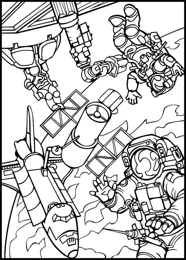 Coloring Astronauts in space in zero gravity. Category Space coloring pages. Tags:  space exploration, astronauts.
