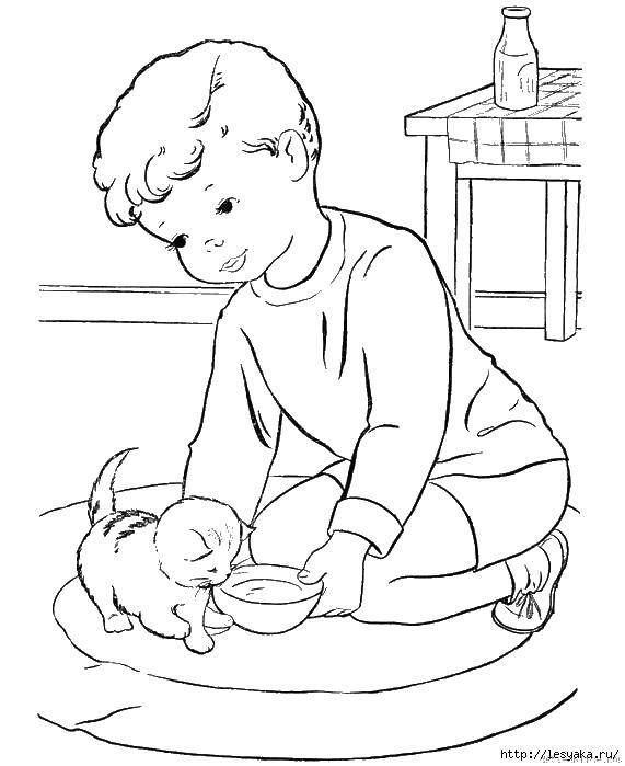 Раскраска мальчика и его кота генеративный ай