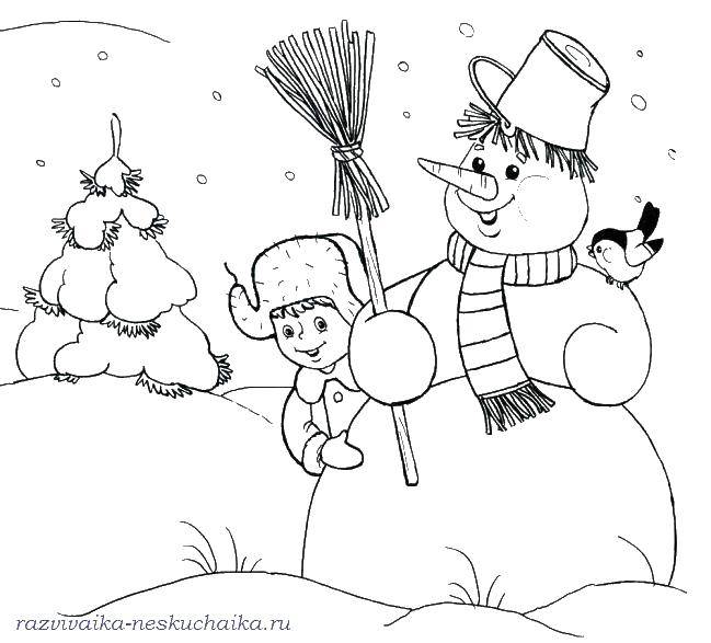 Название: Раскраска Мальчик и снеговик. Категория: зима. Теги: мальчик, снеговик, метла, птичка.