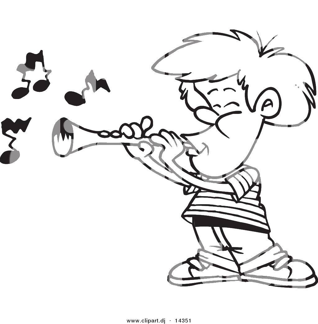 Название: Раскраска Мальчик играет на трубе. Категория: дети. Теги: дети, мальчик, труба.