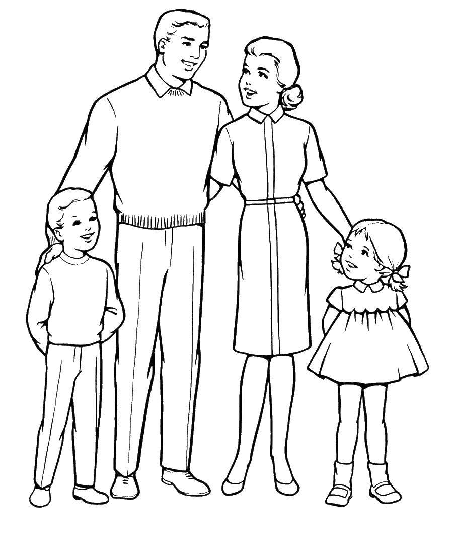 Coloring Mom and dad with children. Category family. Tags:  mom , dad, daughter, son.