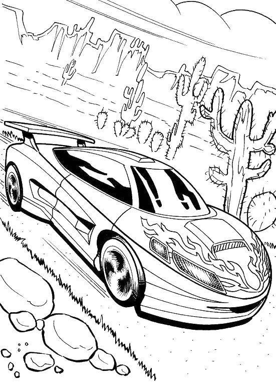 Название: Раскраска Машина в пустыне. Категория: раскраски. Теги: машина, гонки, кактус.