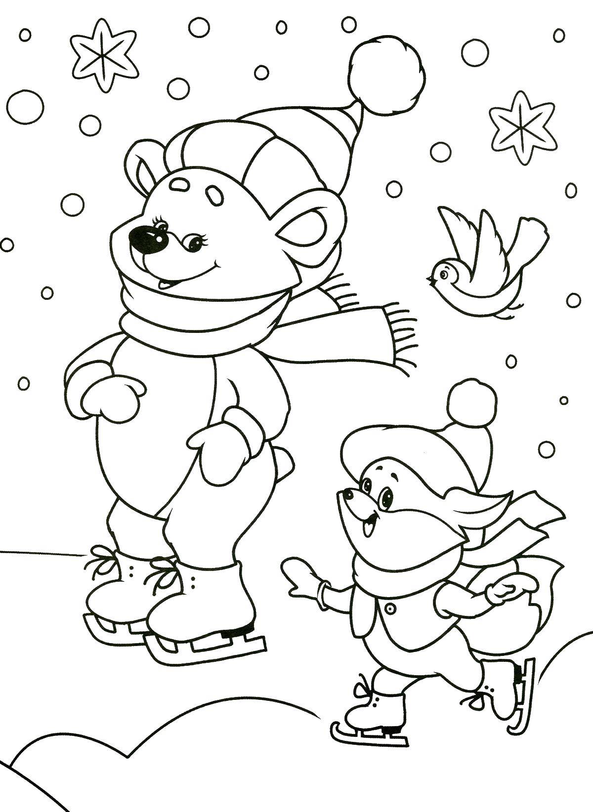 Название: Раскраска Медведь и лисенок на коньках. Категория: зима. Теги: медведь, лисенок, конек, снег.