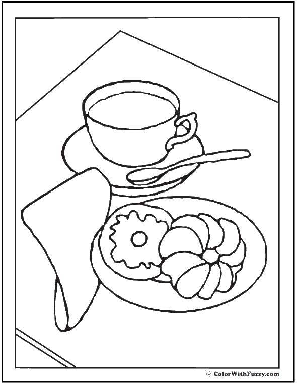 Название: Раскраска Печенья и чашка чая. Категория: торты. Теги: чашка, ложка, тарелка, печенки.