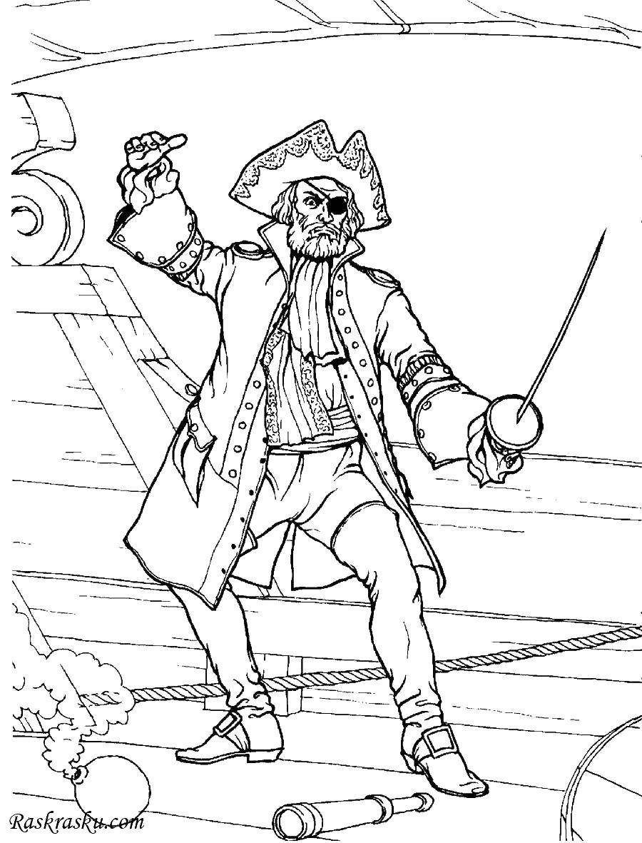 Coloring Pirate ready to fight. Category coloring book of treasures. Tags:  Pirate, island, treasure.