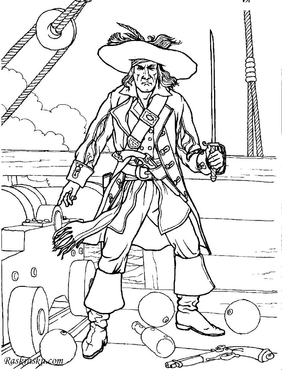 Coloring Pirate on the hijacked ship. Category coloring book of treasures. Tags:  Pirate, island, treasure, ship.