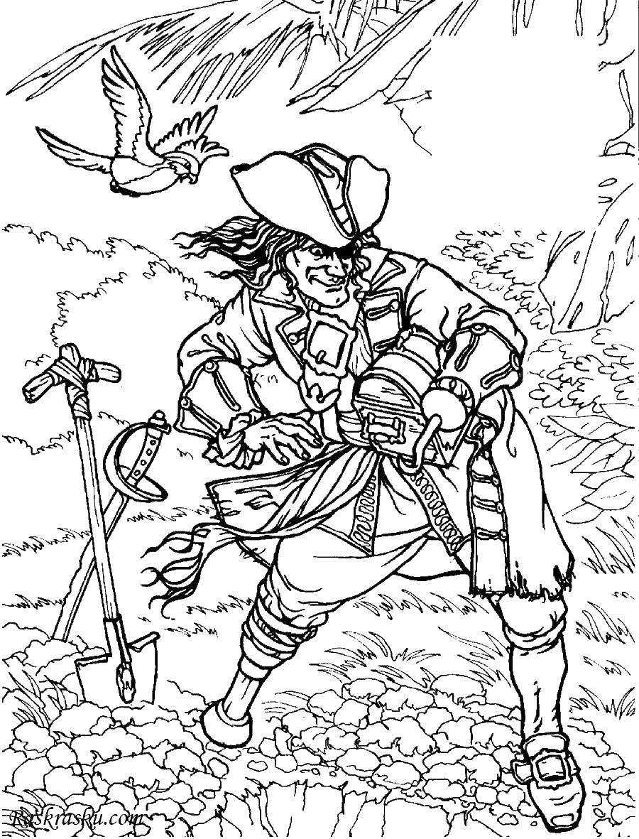 Coloring The pirate came for the treasure. Category coloring book of treasures. Tags:  Pirate, island, treasure.