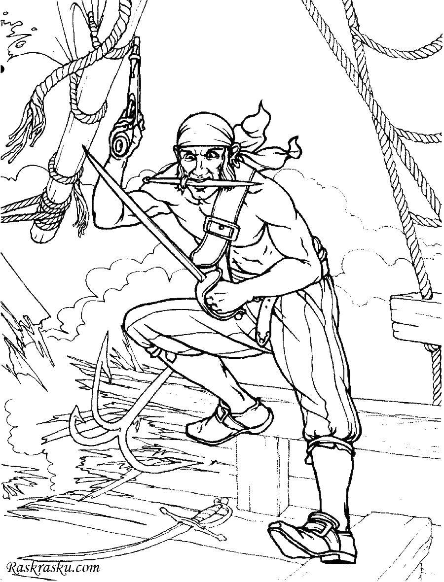 Coloring Pirate rogue attacks. Category coloring book of treasures. Tags:  Pirate, island, treasure, ship.