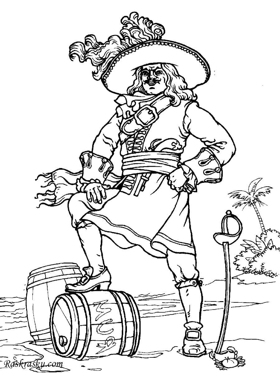 Coloring The pirate from the barrel of rum. Category coloring book of treasures. Tags:  Pirate, island, treasure.