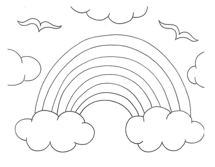 Название: Раскраска Птички над радугой. Категория: Радуга. Теги: Радуга, облака.