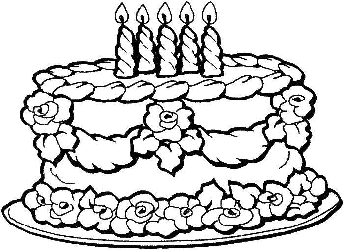 Coloring Five candles and a cake. Category cakes. Tags:  cake, candle, roses.