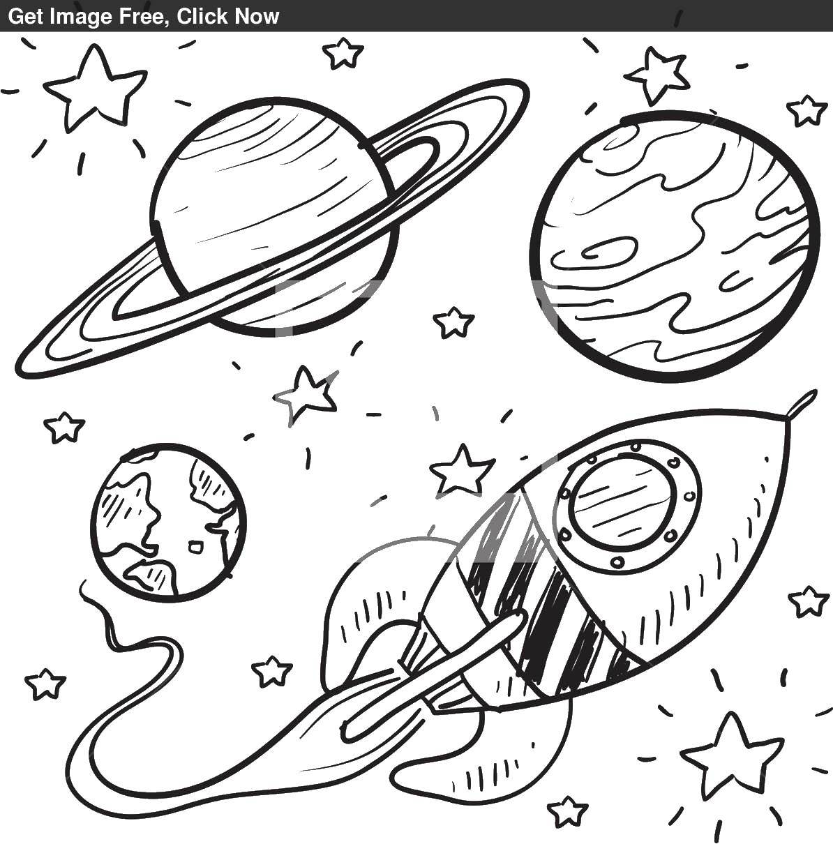 Coloring Rocket among the planets. Category rockets. Tags:  rockets, planets, sky.