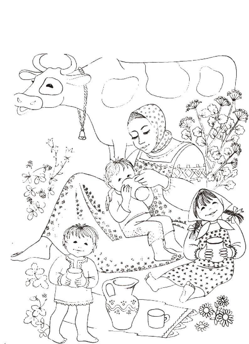 Coloring Family and cow. Category family. Tags:  the cow, mother, children, milk.