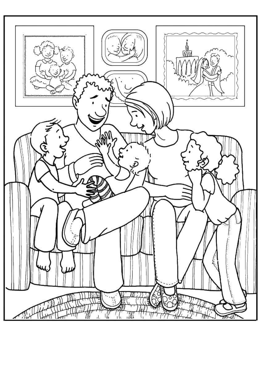 Название: Раскраска Семья на диване. Категория: семья. Теги: мама, папа, дети, диван, картины.