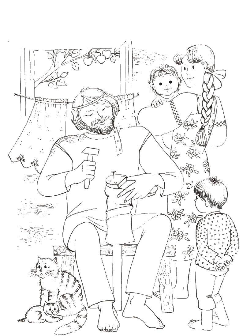 Coloring The family in the village. Category family. Tags:  mom, dad, children, cats.
