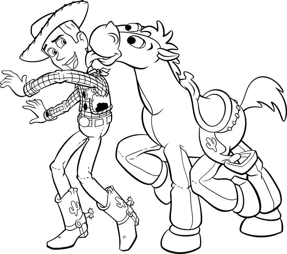 Название: Раскраска Шериф вуди и лошадь. Категория: история игрушек. Теги: вуди, шериф, игрушки, лошадь.
