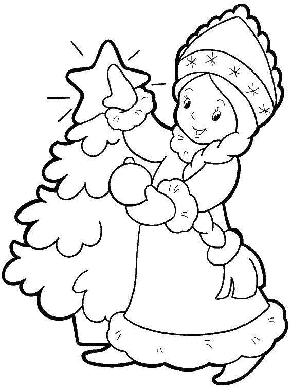 Coloring Snow maiden and Christmas tree. Category the tale of Snegurochka. Tags:  snow maiden, tree, star.