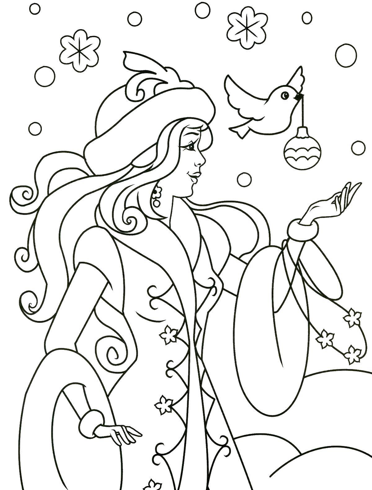 Coloring Maiden and the bird. Category winter. Tags:  the snow maiden, snowflakes, birds.