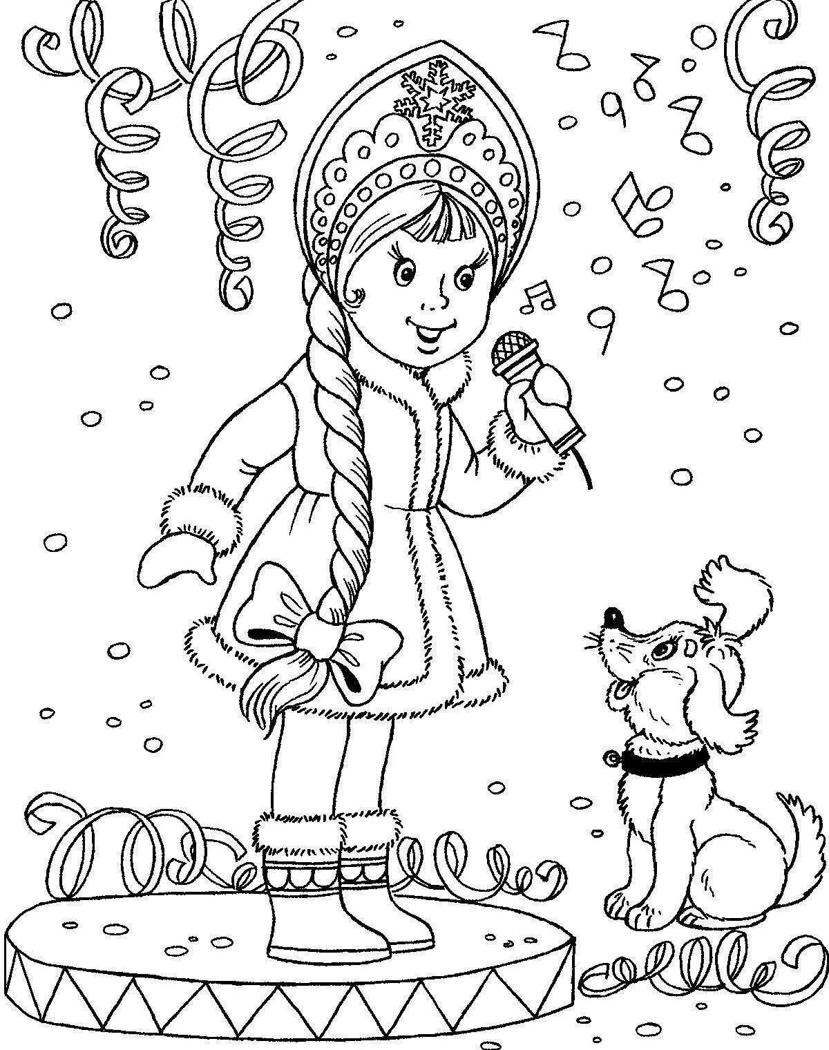 Coloring Maiden and puppy. Category the tale of Snegurochka. Tags:  maiden, puppy, microphone.