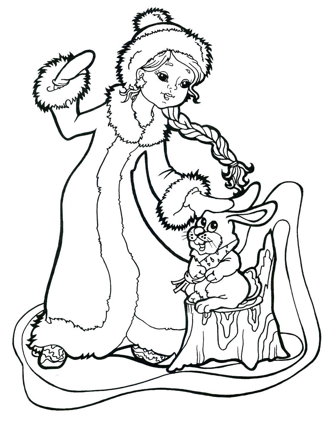 Coloring The snow maiden and Bunny. Category the tale of Snegurochka. Tags:  maiden, Bunny, carrot.