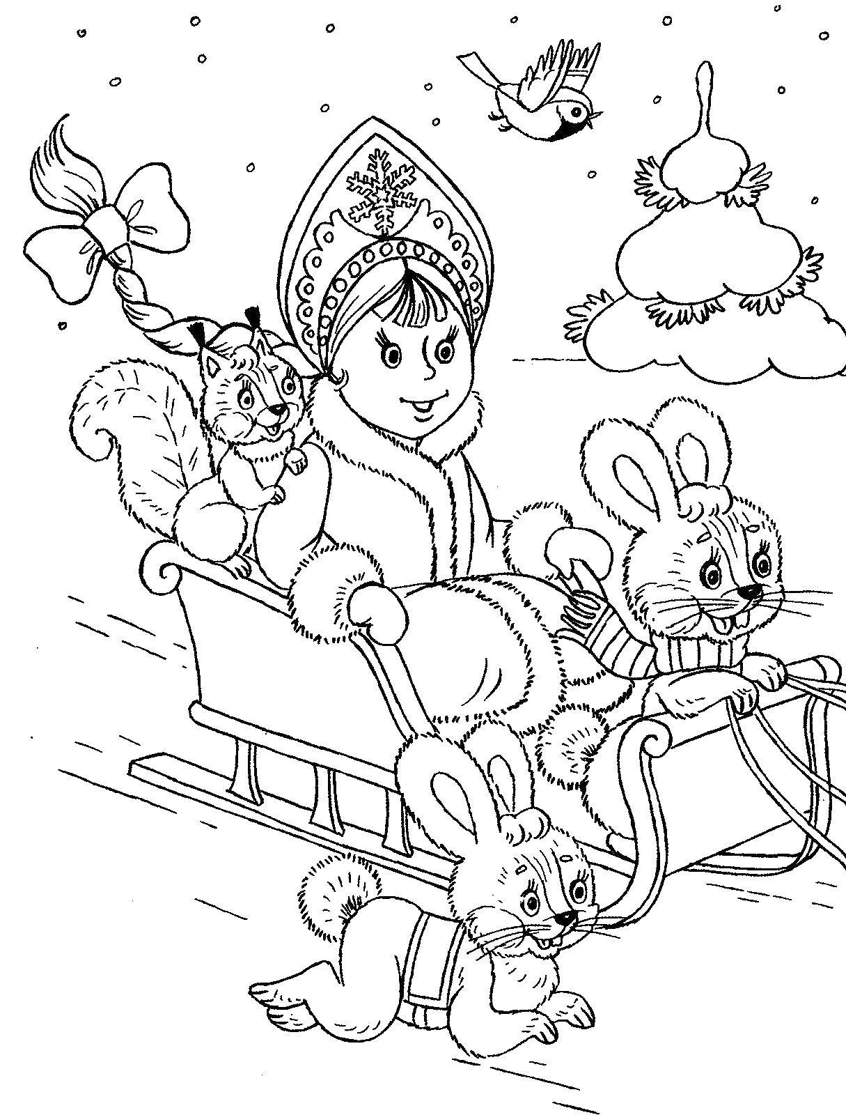 Coloring Snow maiden on a sleigh with your friends. Category the tale of Snegurochka. Tags:  Snow maiden, winter, New Year, baby.