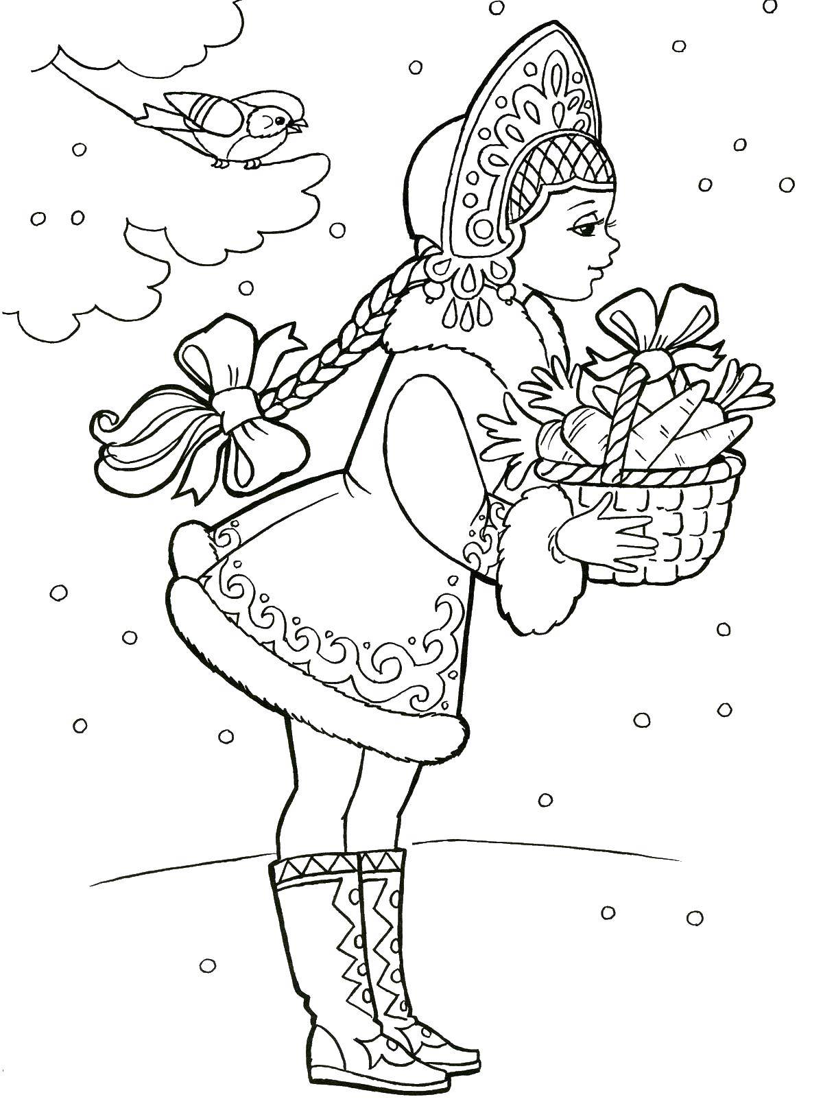 Название: Раскраска Снегурочка с корзиной моркови. Категория: сказка снегурочка. Теги: Снегурочка, зима, Новый Год.