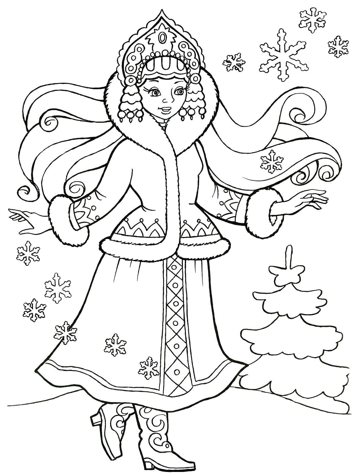 Coloring Snowflakes and snow maiden. Category the tale of Snegurochka. Tags:  snow maiden, snowflake tree.