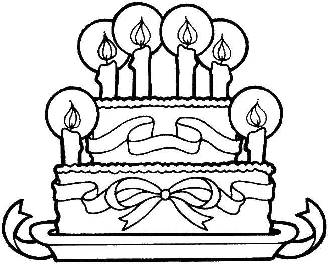 Coloring Candles and cake with bow. Category cakes. Tags:  cake, plate, candle.